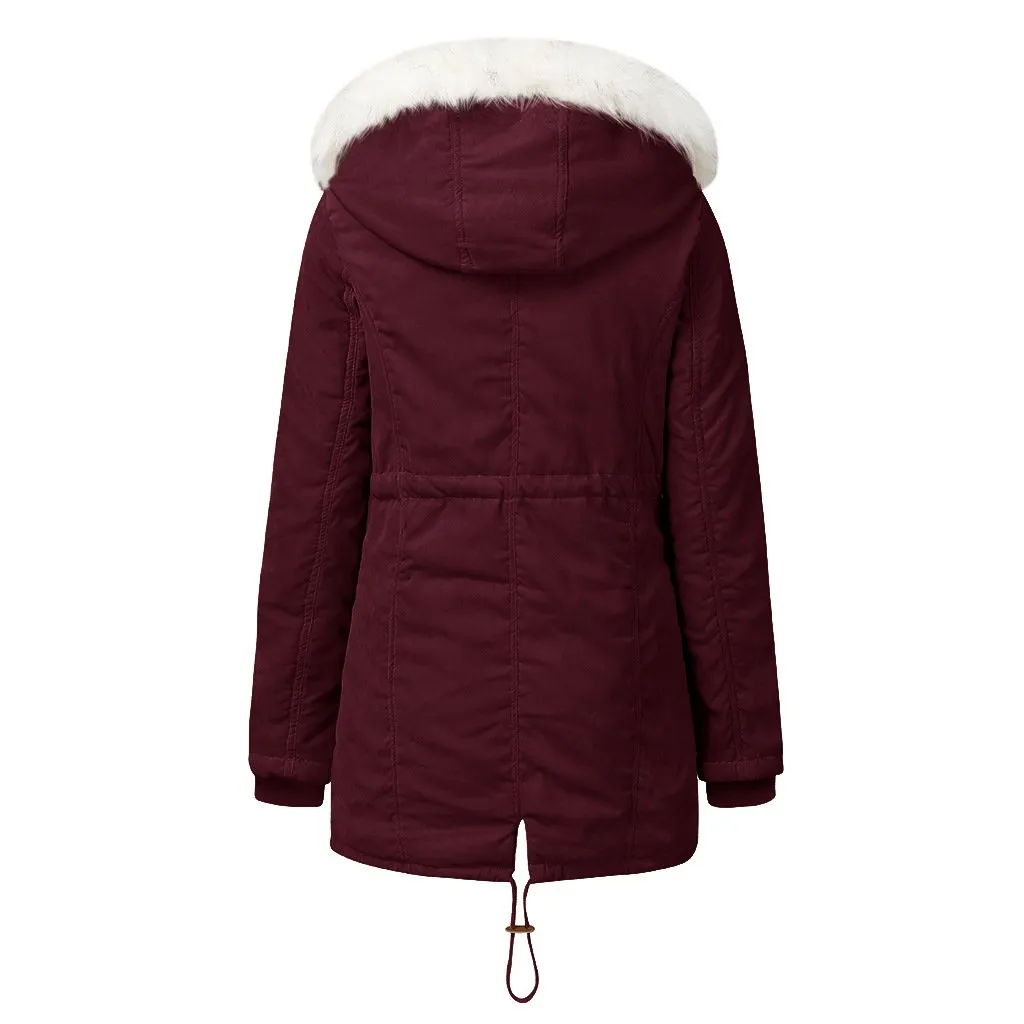 Women's fur collar hooded cotton coat winter warm parka