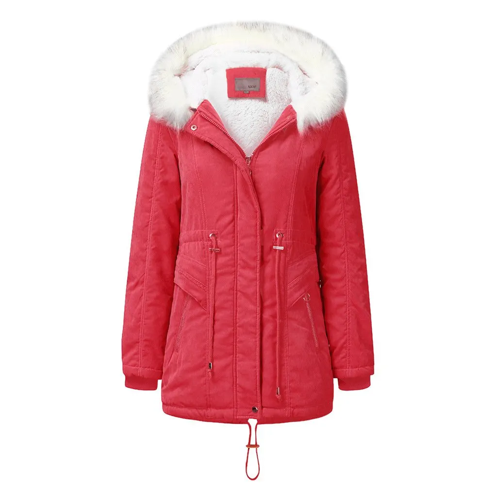 Women's fur collar hooded cotton coat winter warm parka