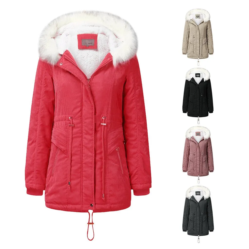 Women's fur collar hooded cotton coat winter warm parka