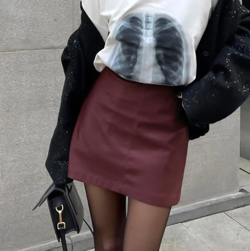 Women's Vintage Burgundy Fleece-Lined Matte PU Leather High-Waist Skirt